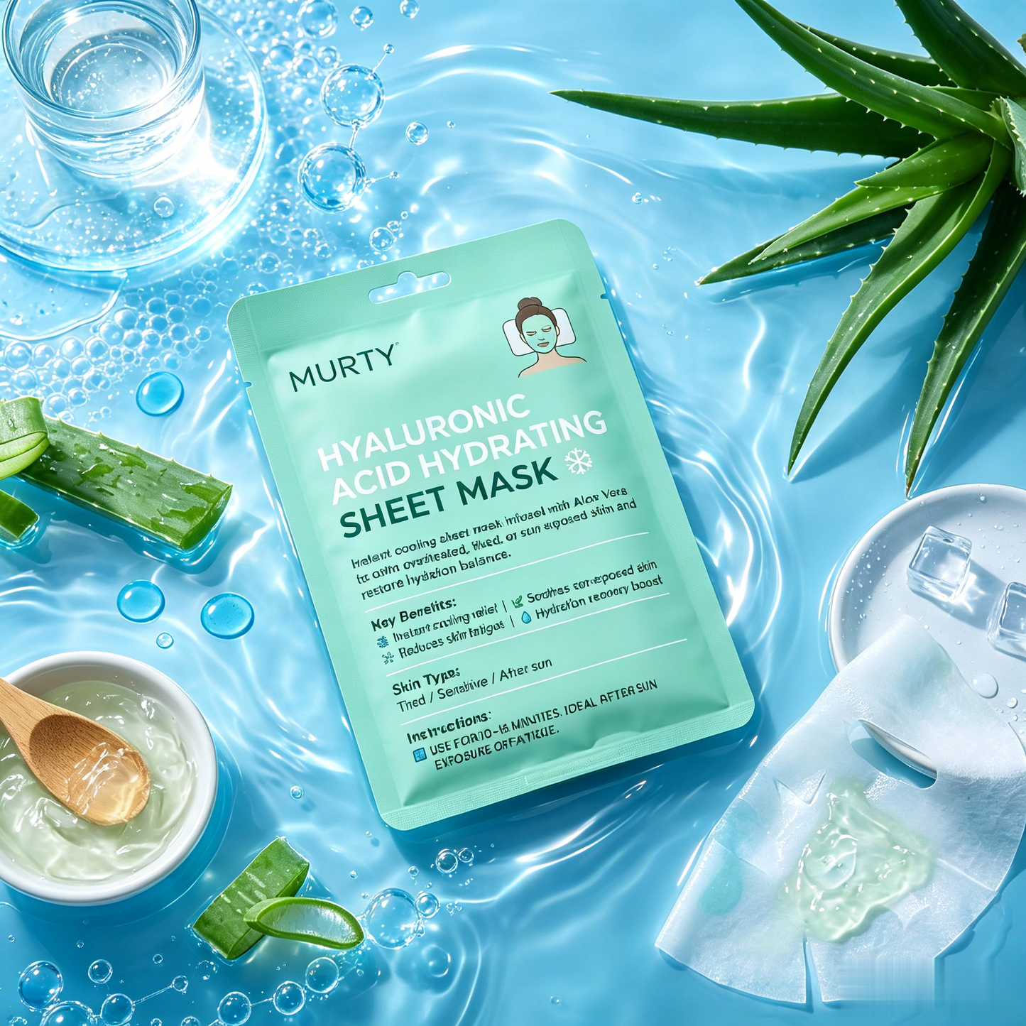 MURTY Hyaluronic Acid Hydrating Sheet Mask with Aloe Vera | Instant Cooling Relief for Sun-Exposed & Tired Skin