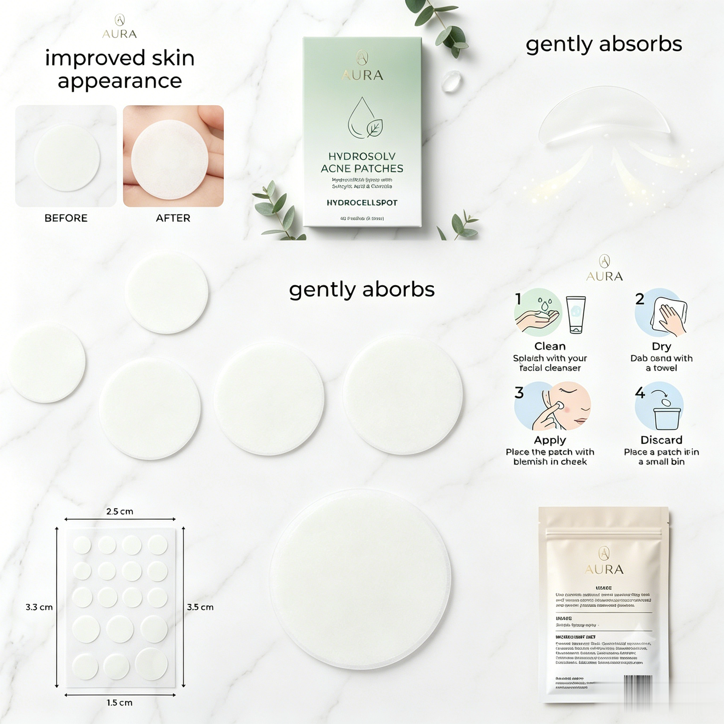 AURA Hydrosolv Acne Patches | Invisible Hydrocolloid Spot Treatment for Fast Healing, No Scars